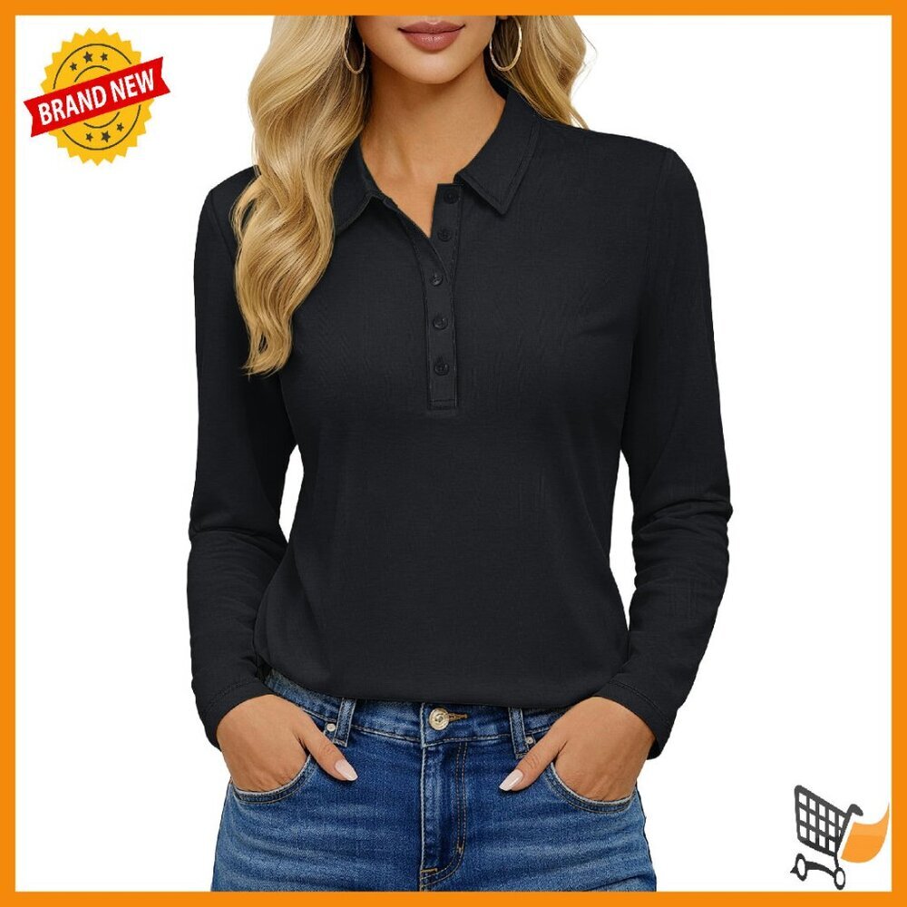 Long Sleeve Polo Shirt Women's 5-Button Collar Cotton Blend Business Casual